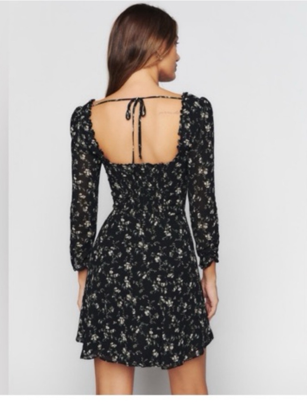 Reformation | Black Floral Square-Back Long Sleeve Mini Dress - Like new